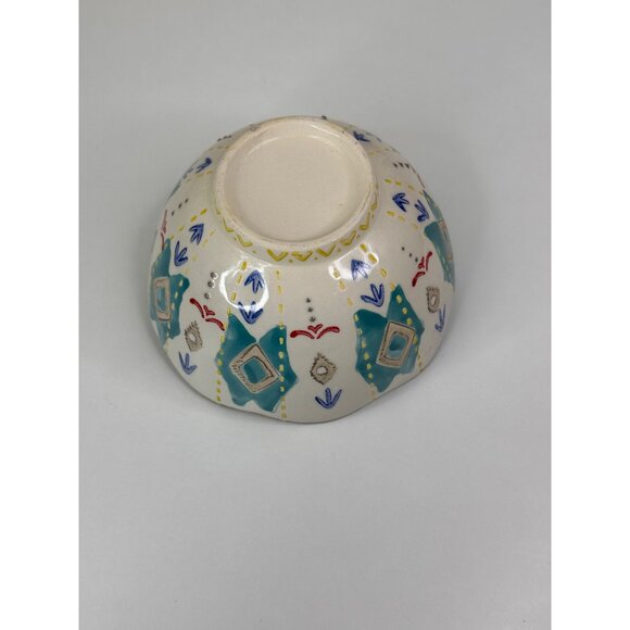 Set Of 4 Hand-Painted Southwest Aztec Boho Ceramic Bowls With Scalloped Edges - Picture 4 of 11